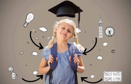 Digital composite image of smiling schoolgirl standing with backpack against various icons and arrow signs